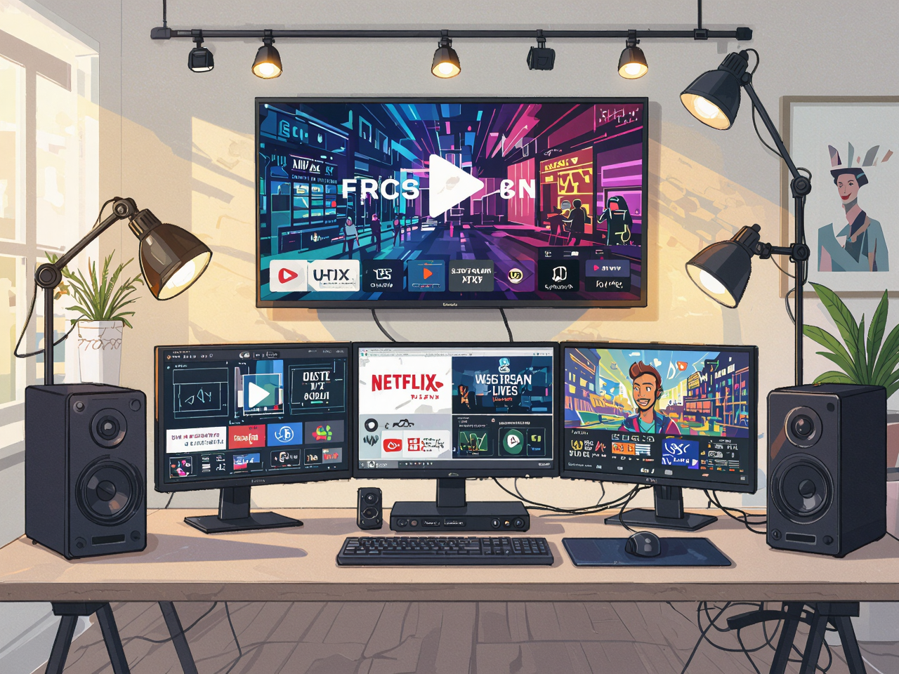 Professional streaming setup with multiple platforms